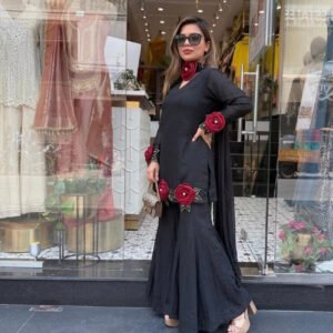 Black Roman Silk Hand Flower Embroidered Kurti Palazzo Set with Dupatta