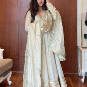 Elegant White Chinon Anarkali Suit Set