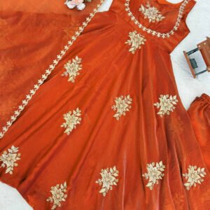 Orange Fendy Silk Suit Set with Thread & Sequence Work