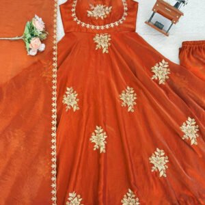 Orange Fendy Silk Suit Set with Thread & Sequence Work