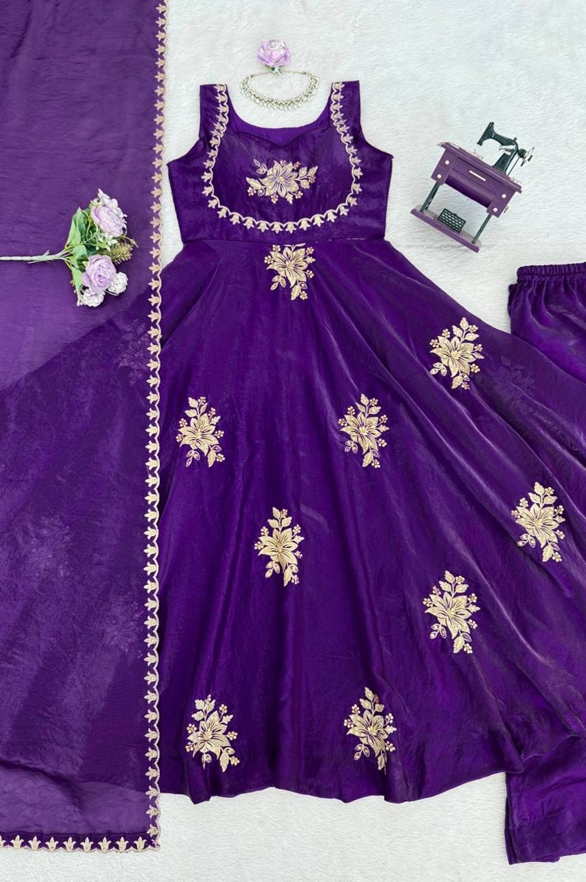 Purple Fendy Silk Suit Set with Thread & Sequence Work Purple Fendy Silk Suit Set with Thread & Sequence Work