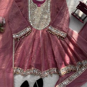 Rose Pink Gold Crush Dhoti Style Suit Set with Real Mirror Work