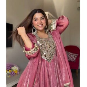 Rose Pink Gold Crush Dhoti Style Suit Set with Real Mirror Work