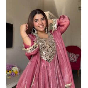 Rose Pink Gold Crush Dhoti Style Suit Set with Real Mirror Work