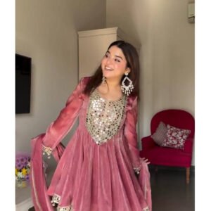 Rose Pink Gold Crush Dhoti Style Suit Set with Real Mirror Work