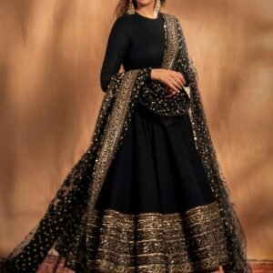 Black Rayon Embroidered Anarkali Suit Set