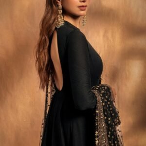 Black Rayon Embroidered Anarkali Suit Set