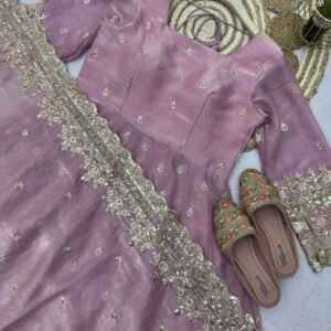 Metallic Pink Fandy Silk Gown Set with Embroidery & Sequins Work