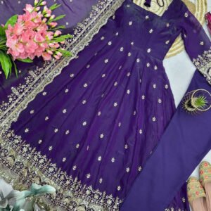 Indigo Fandy Silk Gown Set with Embroidery & Sequins Work