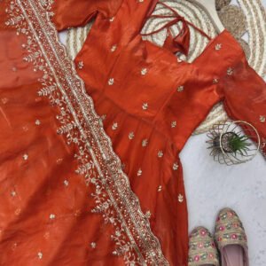 Rust Orange Fandy Silk Gown Set with Embroidery & Sequins Work