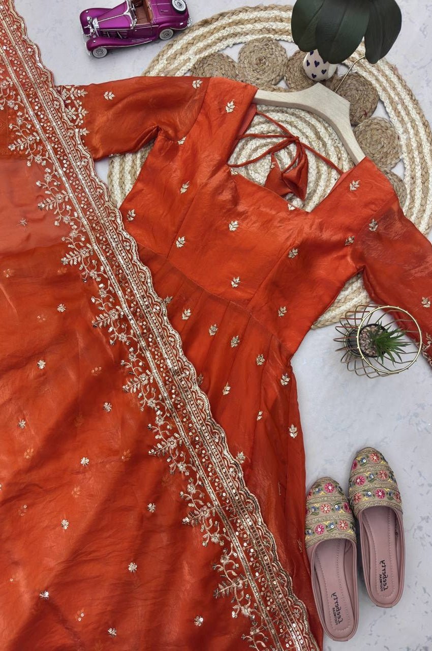 Rust Orange Fandy Silk Gown Set with Embroidery & Sequins Work Rust Orange Fandy Silk Gown Set with Embroidery & Sequins Work