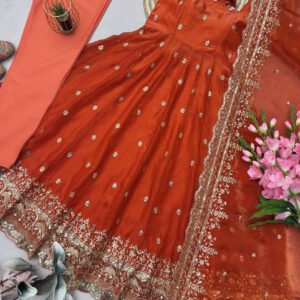 Rust Orange Fandy Silk Gown Set with Embroidery & Sequins Work
