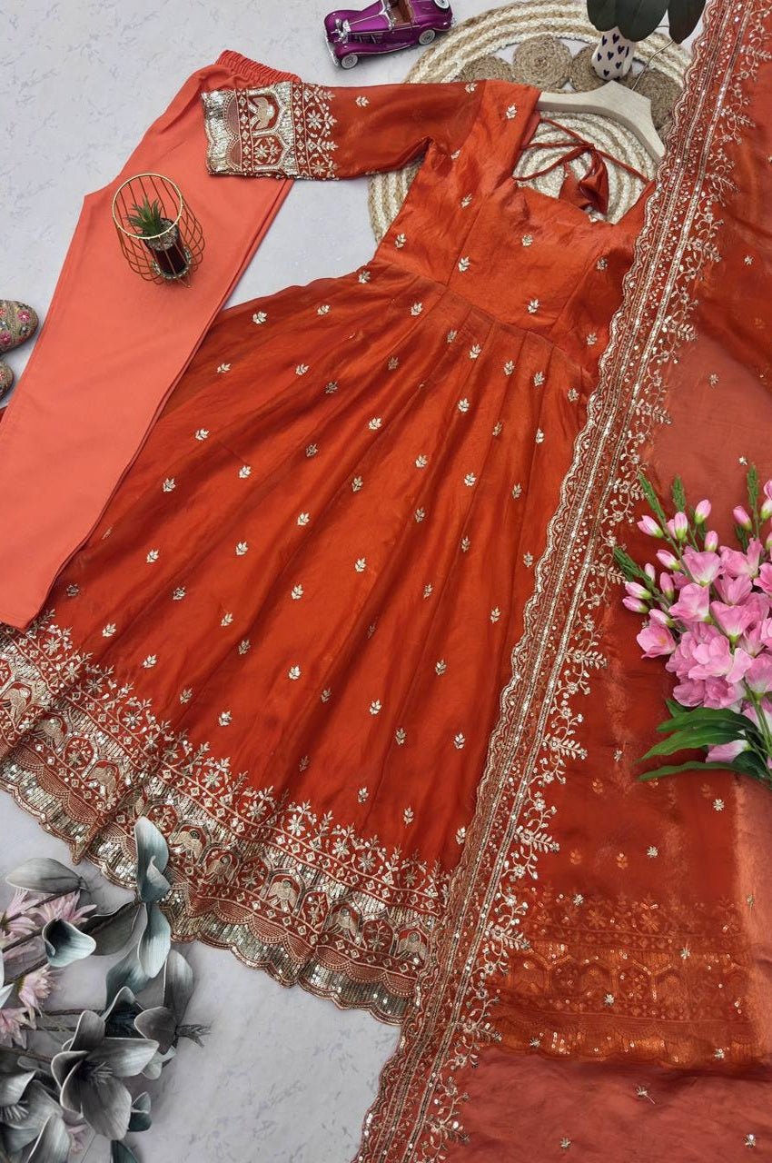 Rust Orange Fandy Silk Gown Set with Embroidery & Sequins Work Rust Orange Fandy Silk Gown Set with Embroidery & Sequins Work
