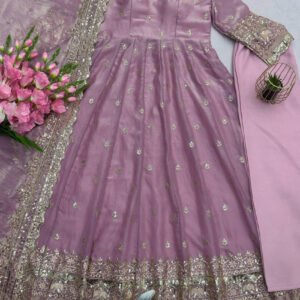Metallic Pink Fandy Silk Gown Set with Embroidery & Sequins Work