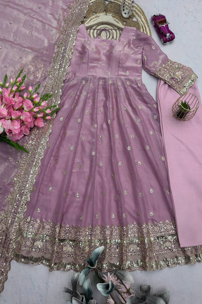Metallic Pink Fandy Silk Gown Set with Embroidery & Sequins Work Metallic Pink Fandy Silk Gown Set with Embroidery & Sequins Work