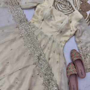 Light Cream Fandy Silk Gown Set with Embroidery & Sequins Work