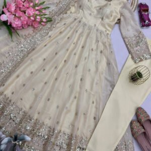 Light Cream Fandy Silk Gown Set with Embroidery & Sequins Work