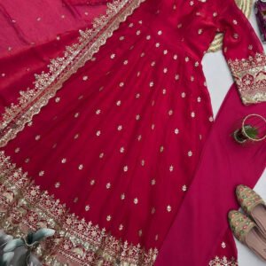 Rani Pink Embroidered Fendy Silk Gown Set with Sequins Work