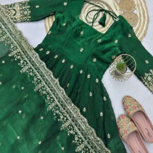 Green Fandy Silk Gown Set with Embroidery & Sequins Work
