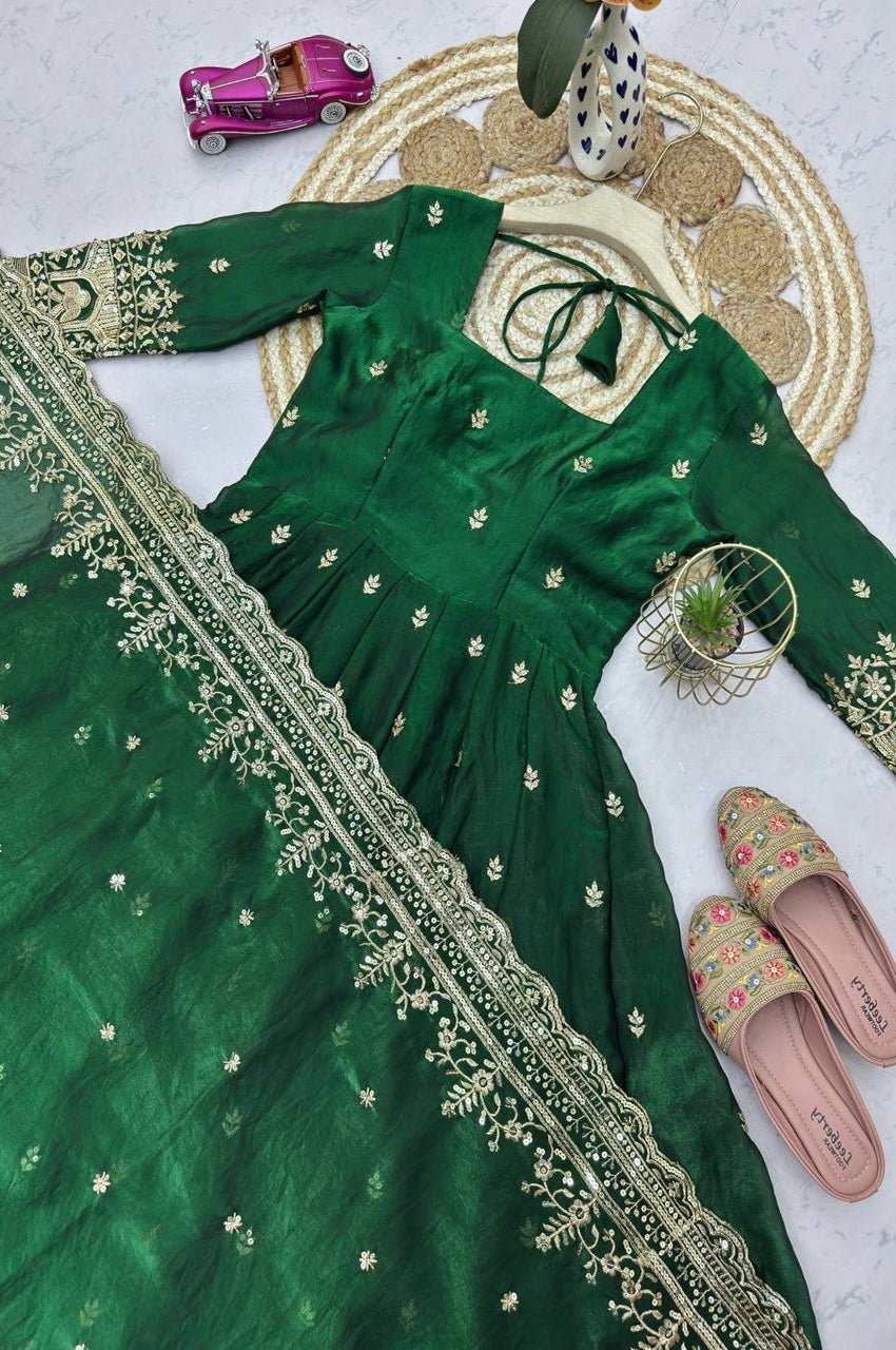 Green Fandy Silk Gown Set with Embroidery & Sequins Work Green Fandy Silk Gown Set with Embroidery & Sequins Work