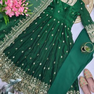 Green Fandy Silk Gown Set with Embroidery & Sequins Work