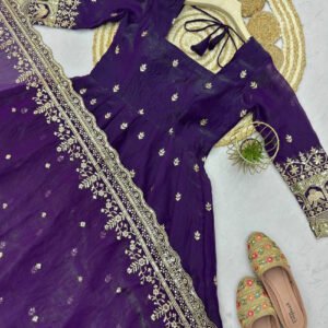 Indigo Fandy Silk Gown Set with Embroidery & Sequins Work