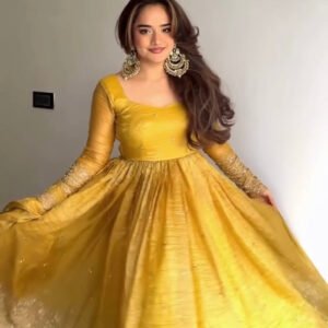 Mustard Gold Crush Anarkali Gown Set with Sequins Embroidery and Pearl Lace Dupatta