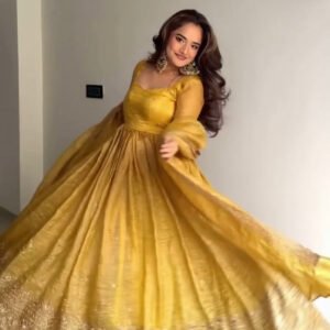 Mustard Gold Crush Anarkali Gown Set with Sequins Embroidery and Pearl Lace Dupatta