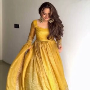 Mustard Gold Crush Anarkali Gown Set with Sequins Embroidery and Pearl Lace Dupatta