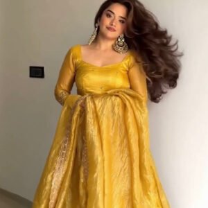 Mustard Gold Crush Anarkali Gown Set with Sequins Embroidery and Pearl Lace Dupatta