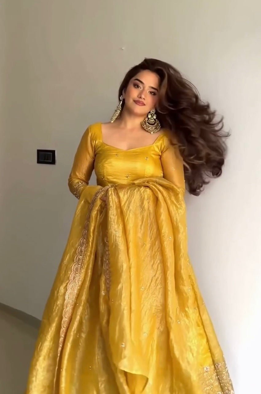 Mustard Gold Crush Anarkali Gown Set with Sequins Embroidery and Pearl Lace Dupatta Mustard Gold Crush Anarkali Gown Set with Sequins Embroidery and Pearl Lace Dupatta