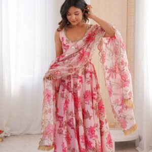 Pink Muslin Floral Print Anarkali Set