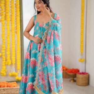 Blue Emerald Muslin Floral Print Anarkali Set