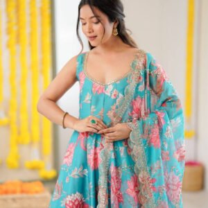 Blue Emerald Muslin Floral Print Anarkali Set