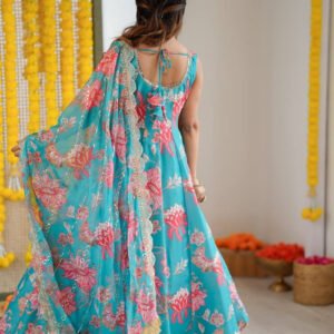 Blue Emerald Muslin Floral Print Anarkali Set