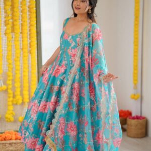 Blue Emerald Muslin Floral Print Anarkali Set