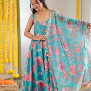 Blue Emerald Muslin Floral Print Anarkali Set