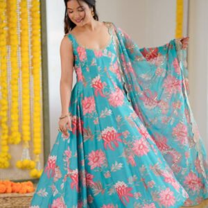 Blue Emerald Muslin Floral Print Anarkali Set
