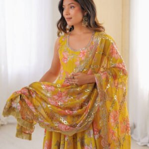 Sunshine Yellow Muslin Floral Print Anarkali Set