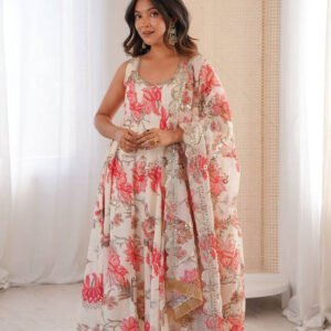 Cream White Muslin Floral Print Anarkali Set