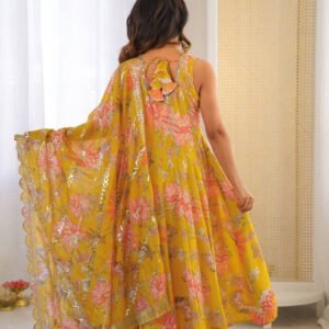 Sunshine Yellow Muslin Floral Print Anarkali Set