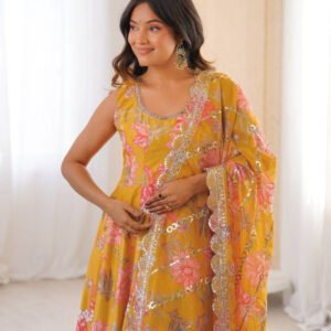 Sunshine Yellow Muslin Floral Print Anarkali Set