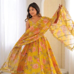 Sunshine Yellow Muslin Floral Print Anarkali Set