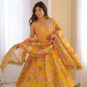 Sunshine Yellow Muslin Floral Print Anarkali Set
