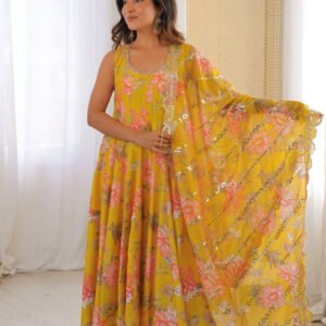 Sunshine Yellow Muslin Floral Print Anarkali Set