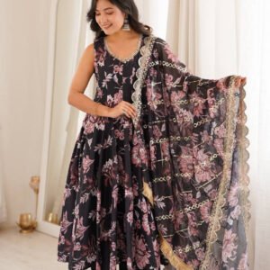 Premium Black Muslin Floral Print Anarkali Gown Suit Set