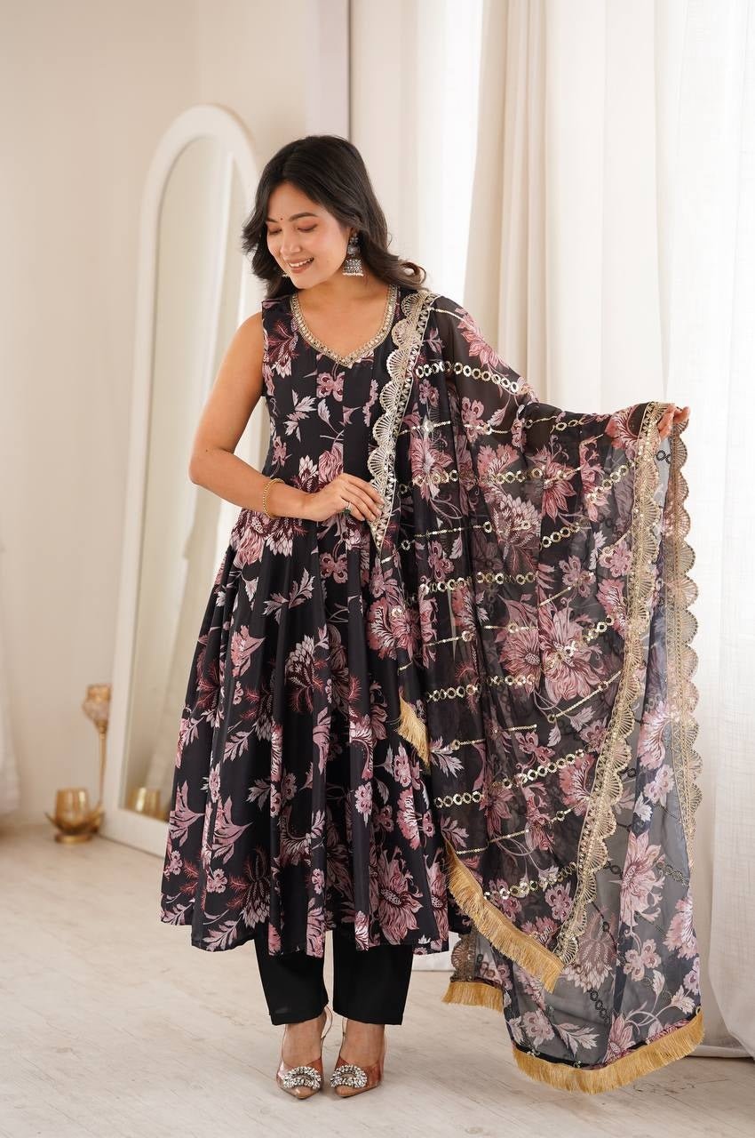 Premium Black Muslin Floral Print Anarkali Gown Suit Set Premium Black Muslin Floral Print Anarkali Gown Suit Set