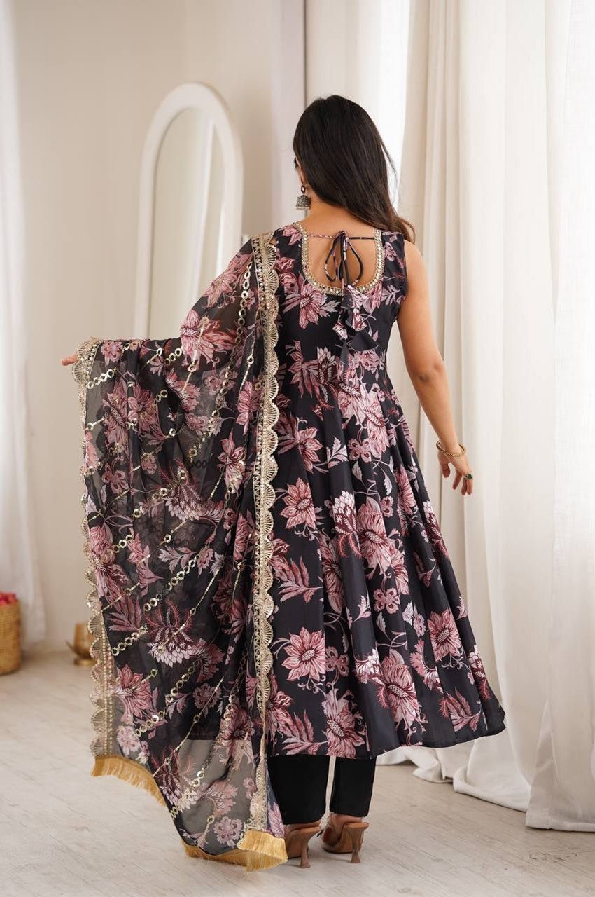 Premium Black Muslin Floral Print Anarkali Gown Suit Set Premium Black Muslin Floral Print Anarkali Gown Suit Set