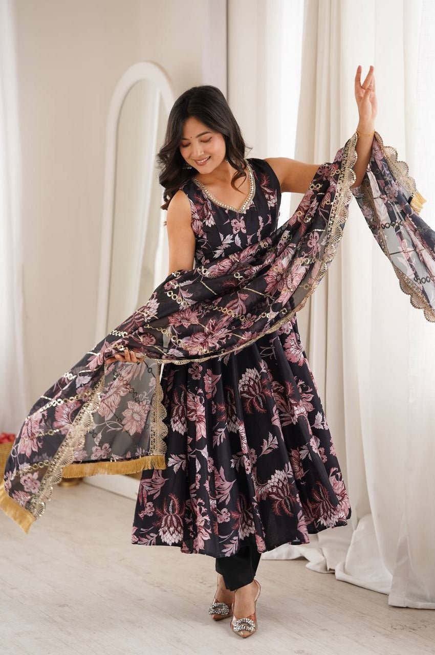 Premium Black Muslin Floral Print Anarkali Gown Suit Set Premium Black Muslin Floral Print Anarkali Gown Suit Set
