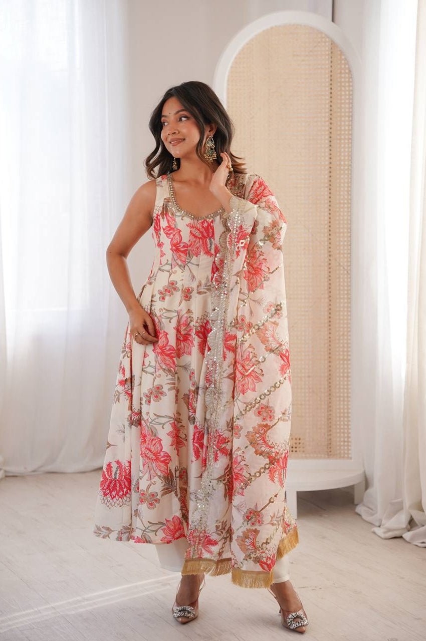 Cream White Muslin Floral Print Anarkali Set Cream White Muslin Floral Print Anarkali Set